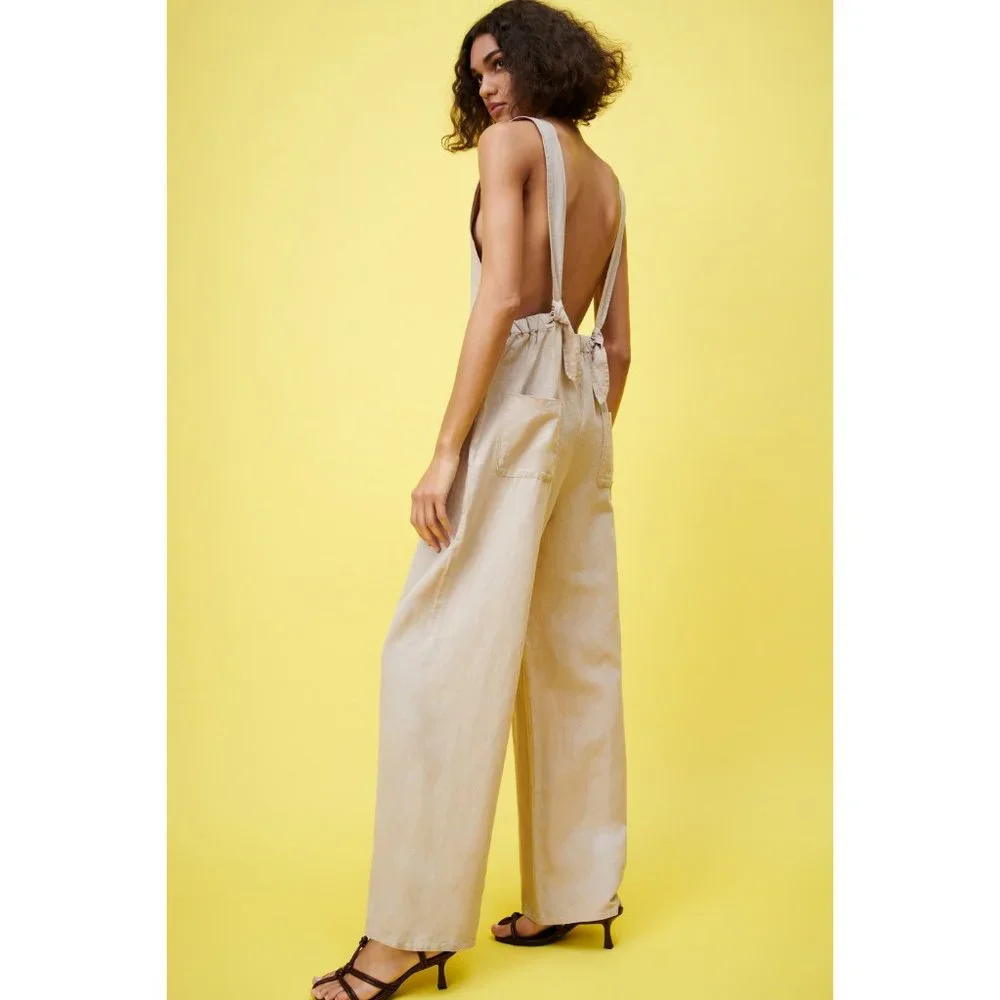 Zara Linen Wide Straight Leg Long Jumpsuit Overalls High Rise Waisted V-Neck XS - Picture 4 of 10